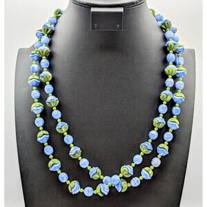 Vintage Art Deco Blue Green Slag Glass Flower Bead Long 50" Necklace